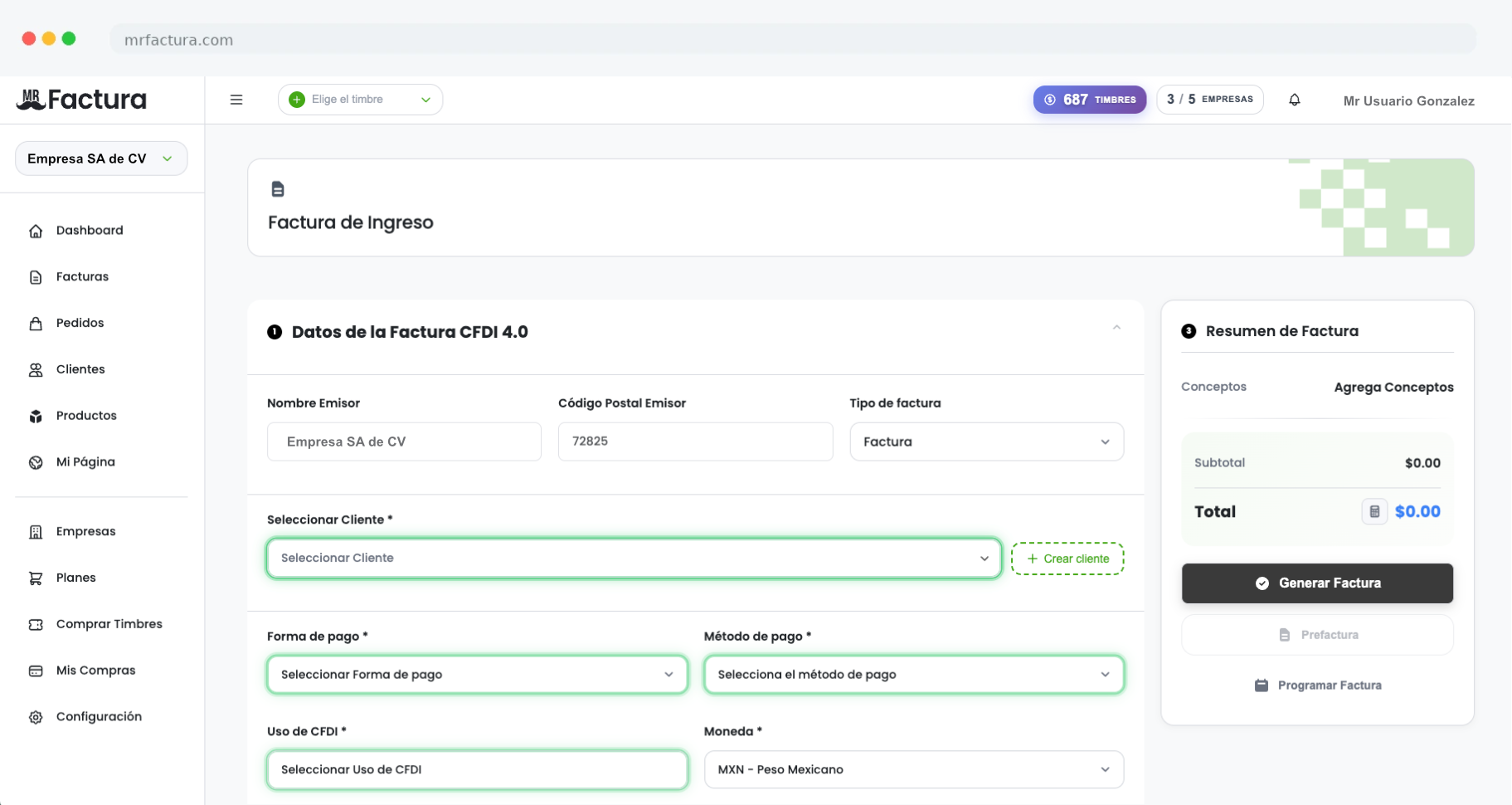 Pantalla de factura MrFactura