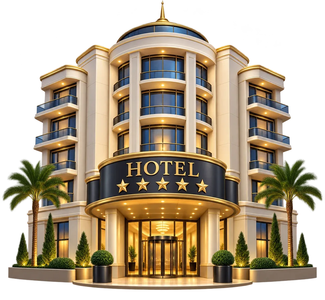 Hotel de cinco estrellas con entrada iluminada y palmeras