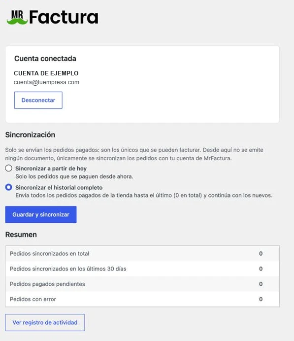 Panel del plugin de MrFactura dentro de WordPress: cuenta conectada, opciones de sincronización y resumen de pedidos sincronizados